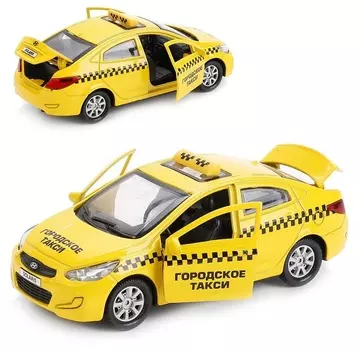 Машина металлическая Hyundai Solaris Такси 12 см, открываются двери и багажник, инерционная