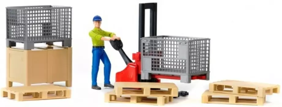 Механический складской погрузчик со складскими аксессуарами и фигуркой