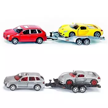 Модель автомобиля Porsche Cayenne Turbo с прицепом и спортивной машиной, 1:55