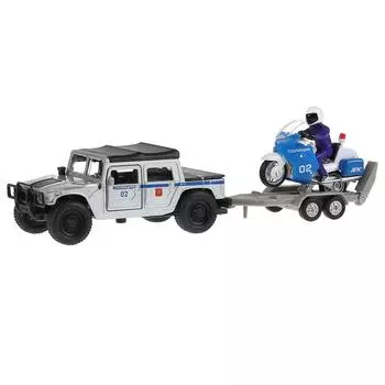 Модель инерционная металлическая - Hummer H1 полиция 12 см, с мотоциклом на прицепе