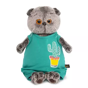 Мягкая игрушка – Басик в изумрудном комбинезоне с кактусом, 19 см