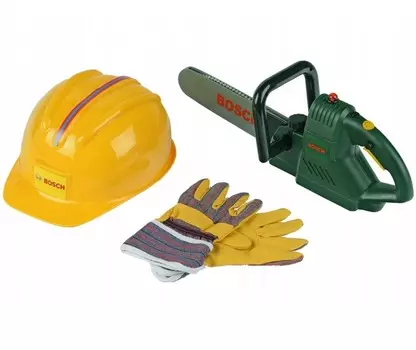Набор Bosch: цепная пила, каска и перчатки, свет и звук