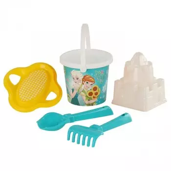 Набор Disney Холодное сердце №19: ведро малое с наклейкой, ситечко-цветок, совок №2, грабельки №2, формочка замок квадратный