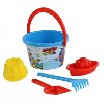 Набор Disney - Микки и Веселые гонки №7: ведро среднее с наклейкой, лопатка, грабельки, 1 формочка, кораблик Юнга