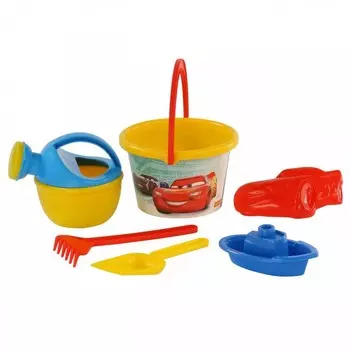 Набор Disney/Pixar Тачки №12: ведро среднее с наклейкой, лопатка, грабельки, формочка Молния Маккуин, кораблик Юнга, лейка малая №4