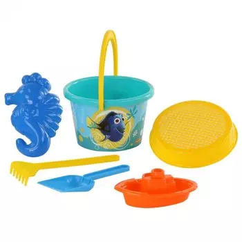 Набор Disney/Pixar В поисках Немо №7: ведро среднее с наклейкой, ситечко, лопатка, грабельки, формочка морской конёк, кораблик Юнга