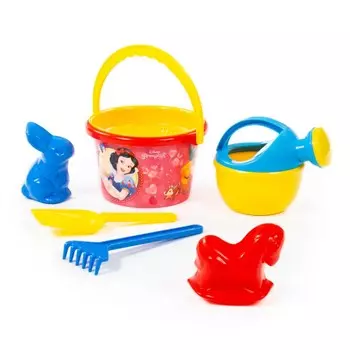 Набор Disney Принцесса №8: ведро среднее с наклейкой, ситечко, лопатка, грабельки, формочки заяц + лошадка, лейка малая №4