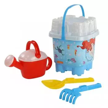 Набор Disney - Русалочка №10: ведро-замок большое с наклейкой, ситечко-замок большое, лопатка №32, грабельки №32, лейка №8