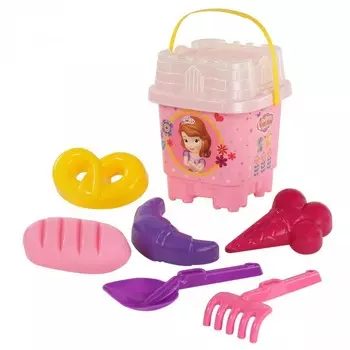 Набор Disney София Прекрасная №5: ведро-замок большое с наклейкой, ситечко-замок большое, лопатка №32, грабельки №32, формочки 4 шт