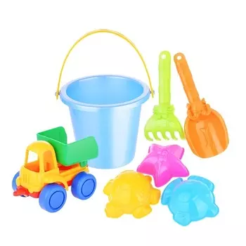 Набор для песка №34, самосвал Нордик, совок Собачка, грабли Котенок, 3 формочки Морские, ведро малое