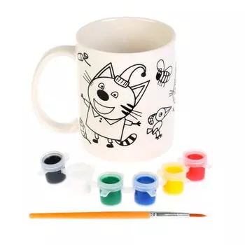 Набор для творчества Три Кота - Кружка для росписи, 6 акриловых красок, кисть