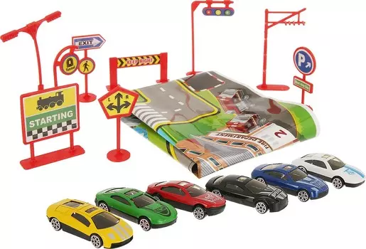 Набор машинок с аксессуарами, 1:64, 6 штук