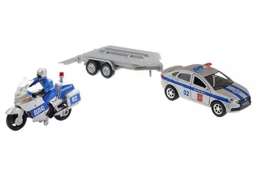Набор металлический инерционный – Lada Vesta Полиция с мотоциклом на прицепе, 12 см