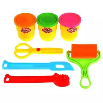 Набор теста для лепки, 3 цвета теста, ножницы, валик, лопатка, нож