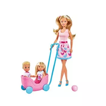 Набор - Веселая прогулка - Кукла Штеффи, 29 см, Еви, 12 см, Тимми, 12 см, с питомцами