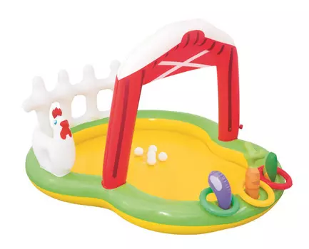 Надувной бассейн с брызгалкой и принадлежностями для игр – Ферма, кольца 3 шт, овощи 3 шт, шарики 5 шт, 175 х 147 х 102 см, 121 л