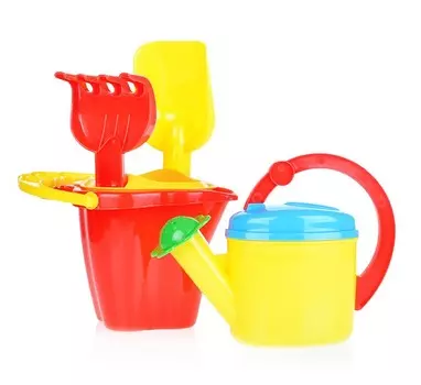 Песочный набор №118 - Ведро-цветок 0,6 л, сито, грабли 19 см, совок 19 см, лейка 0,3л