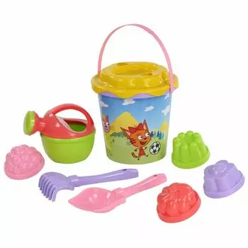 Песочный набор - Три кота №6: Ведро с наклейкой, ситечко Солнышко, лопатка №5, грабельки №5, 4 формочки, лейка малая №4