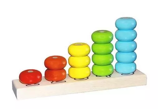 Пирамидка деревянная Счеты, диаметр колец 40мм, окрашенная 5 цветов, 15 деталей