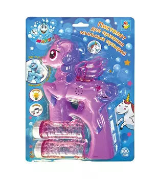 Пистолет для пускания мыльных пузырей - Единорог с крыльями, 100 мл, свет и звук