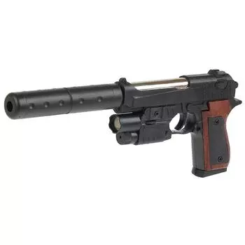 Пистолет с лазерным прицелом, глушителем, фонариком, пульками