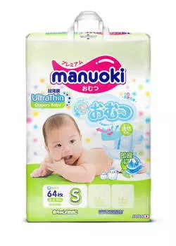 Подгузники Manuoki Ultrathin S 3-6 кг, 64 штуки