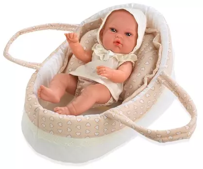 Пупс из коллекции Elegance, 33 см, в одежде, виниловое тело, в бежевой люльке-переноске с подушечкой