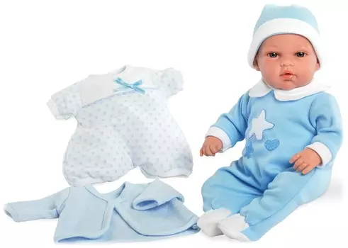Пупс из серии Arias Elegance 33 см. в голубом комбинезоне и голубой шапочке, мягкое тело, c комплектом одежды