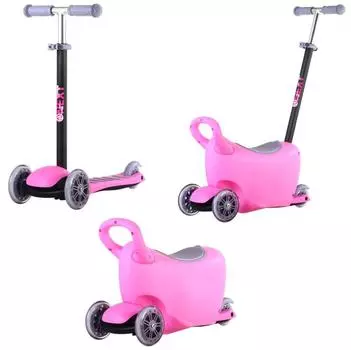 Самокат 3-колесный 3-в-1, управление наклоном, ящик для игрушек, ручка для управления, цвет – розовый