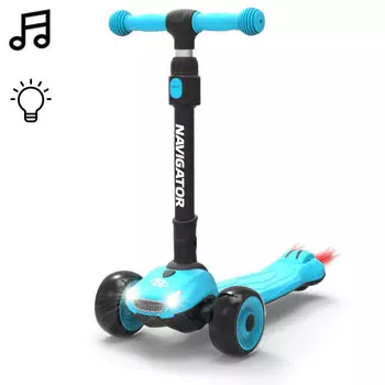 Самокат Navigator 3-колесный голубой, складной, управление наклоном, PU колеса 2х120мм/80мм, алюминий, светящиеся фары, регулируемый руль