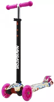 Самокат трехколесный черно-розовый, PU колеса со светом, регулируемый алюминиевый руль, печать вотерпринт