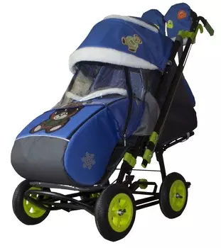 Санки-коляска Snow Galaxy - City-2 - Зеленый Мишка на синем, на больших колесах Ева, сумка, варежки