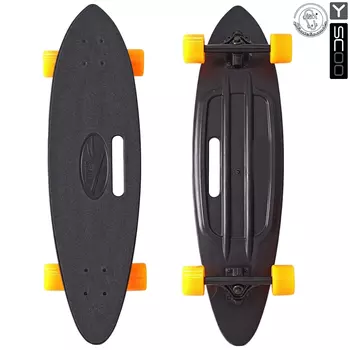Скейтборд пластиковый Y-Scoo Longboard Shark 409-B с ручкой и сумкой, черно-оранжевый