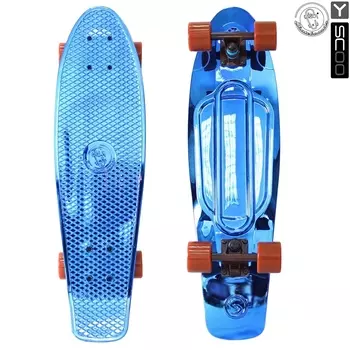 Скейтборд виниловый Y-Scoo Big Fishskateboard metallic 27" 402H-Bl с сумкой, синий с коричневым колёсами