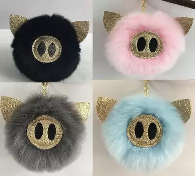 Свинка пушистая на брелоке, 4 цвета, 10 см. в диаметре