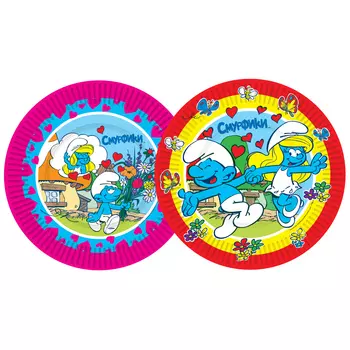 Тарелки бумажные Сердечки, Смурфики, 18 см.