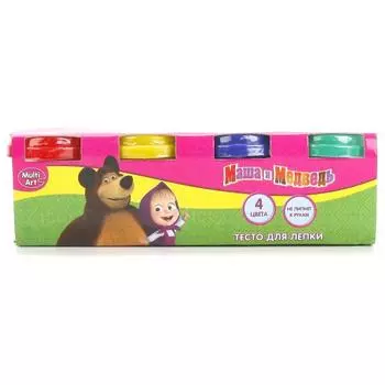 Тесто для лепки из серии Маша и Медведь, 4 цвета и формочки на крышках