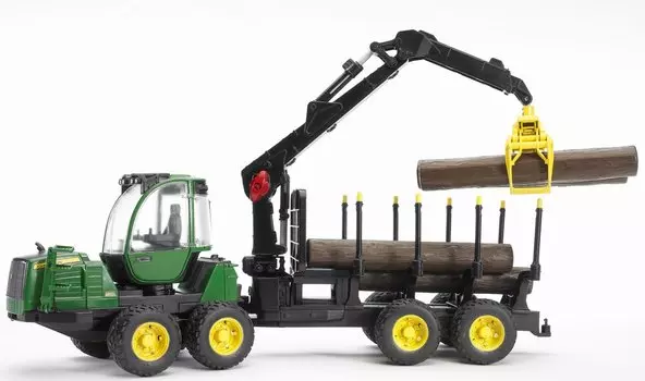 Трактор Bruder John Deere 1210E с прицепом с манипулятором и брёвнами