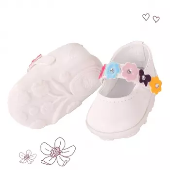 Туфли белые с цветочным ремешком, для кукол 42-50 см.