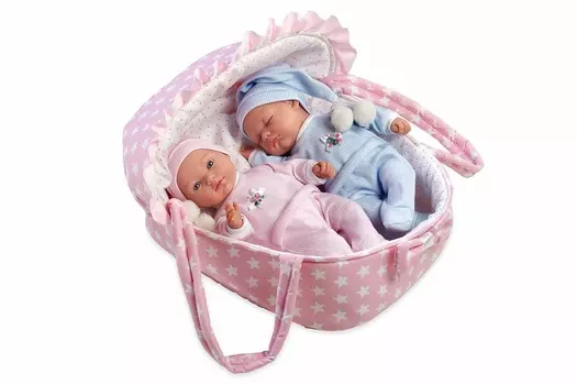 Виниловые куклы двойняшки из серии Arias Elegance, с соской, в переносной люльке, 28 см.