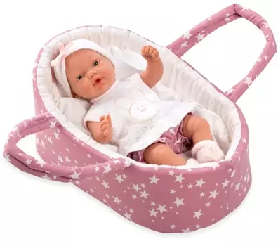 Виниловый пупс в одежде Arias Elegance 26 см, в розовой люльке-переноске с матрасом, с соской