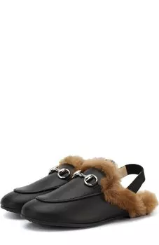 Кожаные сабо с пряжкой-трензелем и внутренней меховой отделкой Gucci