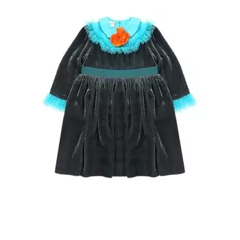 Платье с завышенной талией и контрастными оборками с брошью Gucci