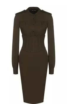 Приталенное платье-миди с погонами и широким поясом Tom Ford