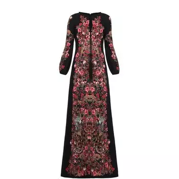 Приталенное платье в пол с ярким принтом и длинным рукавом Roberto Cavalli