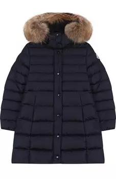 Пуховое пальто на молнии с капюшоном и меховой отделкой Moncler Enfant
