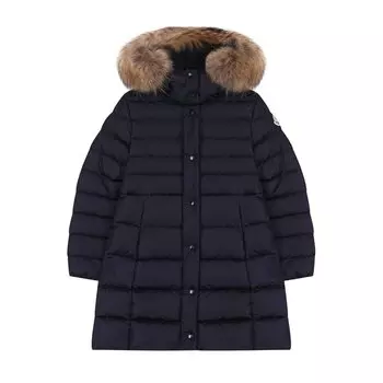 Пуховое пальто на молнии с капюшоном и меховой отделкой Moncler Enfant
