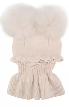 Шерстяная шапка с воротником и меховыми помпонами Catya