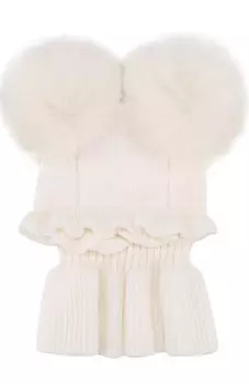 Шерстяная шапка с воротником и меховыми помпонами Catya