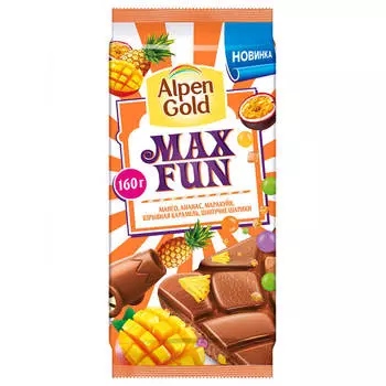 Шоколад Alpen Gold Max Fun 160г молочный с кусочками фруктов рисовыми шариками и карамелью крафт